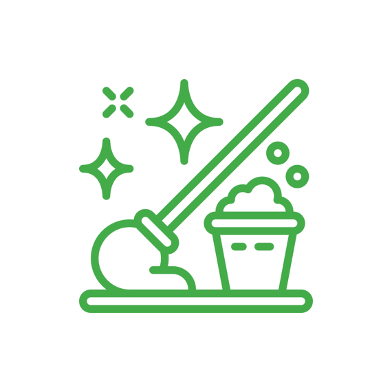 Illustration of a mop, bucket with suds, and sparkles, embodying the pristine results of cleaning services in Kansas City.