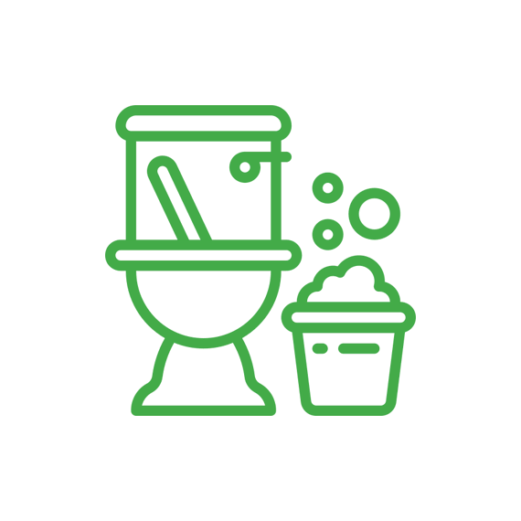 Green line drawing of a toilet alongside a plunger and a bucket brimming with soapy water and bubbles, capturing the essence of Cleaning Services in Kansas City.