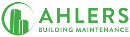 The green logo of Ahlers Building Maintenance LLC features stylized skyscrapers encapsulated within a circular design.