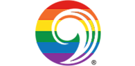 Logo with six horizontal rainbow stripes and a curved, semi-circular arrow overlay.