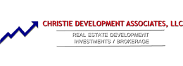 Logo for Christie Development Associates, LLC, featuring a blue upward-trending arrow and the text "Real Estate Development, Investments, Brokerage.