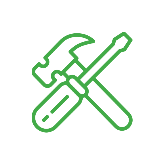 A green outline of a hammer and wrench crossed over each other on a white background, symbolizing the precision and care akin to a Kansas City cleaning service.