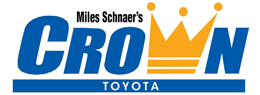 Logo for "Miles Schnaer's Crown Toyota" with "CROWN" in bold blue letters and an orange crown shape replacing the "W". "TOYOTA" is written below in blue.