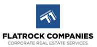 Logo of Flatrock Companies featuring a blue square with a stylized 'F' and 'R' design above the text "FLATROCK COMPANIES Corporate Real Estate Services.