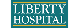 The image shows the words "Liberty Hospital" in white capital letters against a green background.