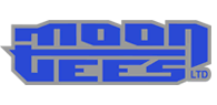 Logo displaying "moon tees LTD" in blue text on a transparent background.