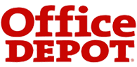 Logo of Office Depot in bold red letters on a transparent background.