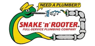 Cartoon snake with a plumber's hat using a wrench, forming pipe shape. Text: "Need a plumber? Snake 'n' Rooter Full-Service Plumbing Company.