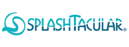 Logo featuring the word "SPLASHTACULAR" in stylized, flowing blue font with a swirl design on the left.