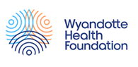 Logo of Wyandotte Health Foundation with abstract circular lines forming a stylized pattern, alongside the text “Wyandotte Health Foundation” in blue font.