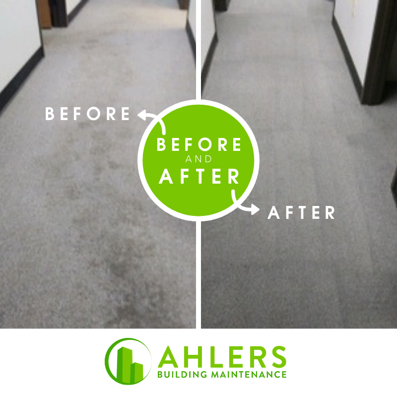 Before and after comparison of a hallway carpet cleaning, showcasing a stained carpet on the left and a clean carpet on the right. Experience excellence with AHLERS Building Maintenance, your trusted partner for cleaning services in Kansas City. Logo displayed at the bottom, Commercial Janitorial Services