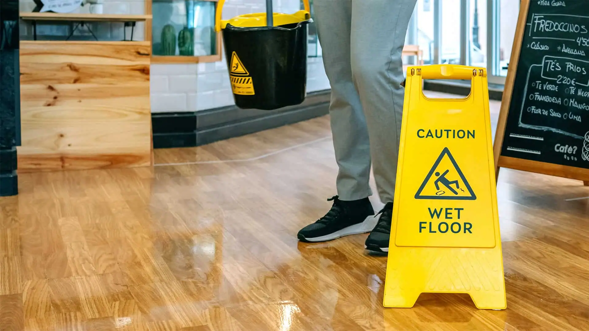 A person carrying a mop bucket stands next to a "Caution: Wet Floor" sign, ensuring floor protection on the shiny wooden surface in an indoor setting.