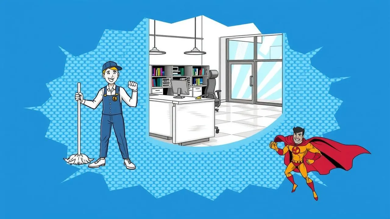 Cartoon of a janitor with a mop beside an office setting, with a superhero flying nearby, all on a blue dotted background—a fun way to announce we're hiring janitorial staff!.