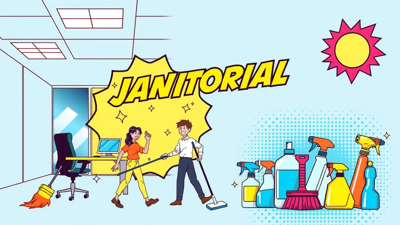 A cartoon of two people cleaning an office with the word “JANITORIAL” in bold text; various cleaning supplies and a sun appear on the right, promoting janitorial services in Lenexa, Kansas.