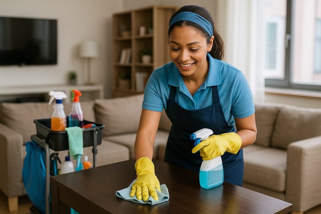 A woman wearing gloves and an apron cleans a table with a cloth and spray bottle in a tidy living room. A kc-cleaning-services cart filled with supplies is visible in the background.