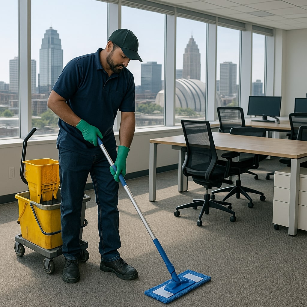 A person wearing gloves and a cap mops the carpeted floor in a modern office space with large windows, showcasing Kansas City Commercial Cleaning services as city buildings are visible outside.