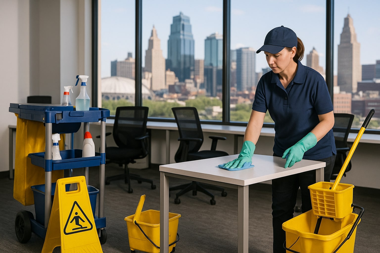 A cleaning worker wearing gloves wipes a table in an office, showcasing commercial cleaning services Kansas City trusts. Cleaning supplies, a mop bucket, and a caution sign are nearby, with city buildings visible through the window.