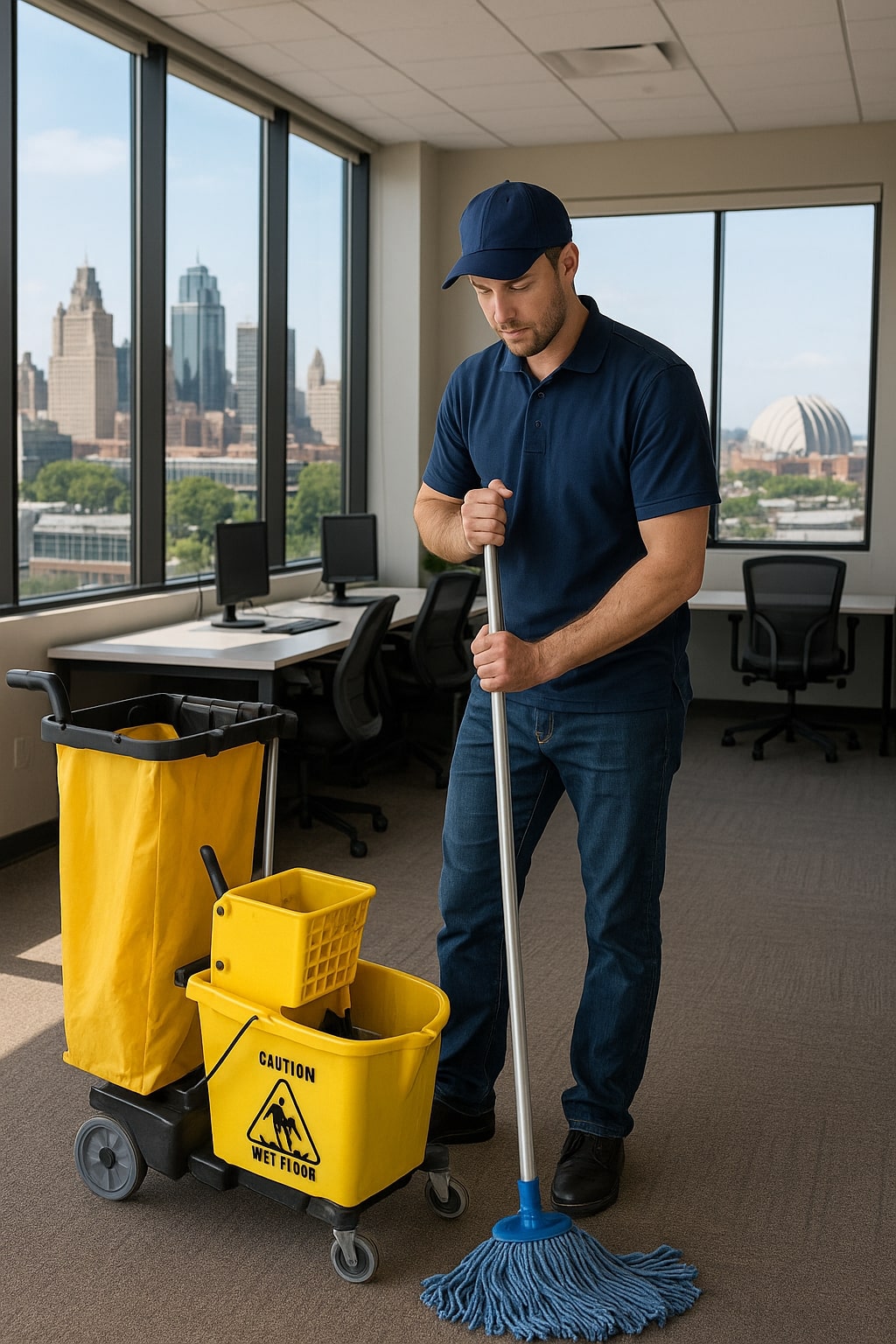 A janitor in a blue uniform mops the floor in a modern office with large windows and a city skyline view, representing top-tier janitorial services Kansas City. A yellow cleaning cart with a wet floor sign is nearby.