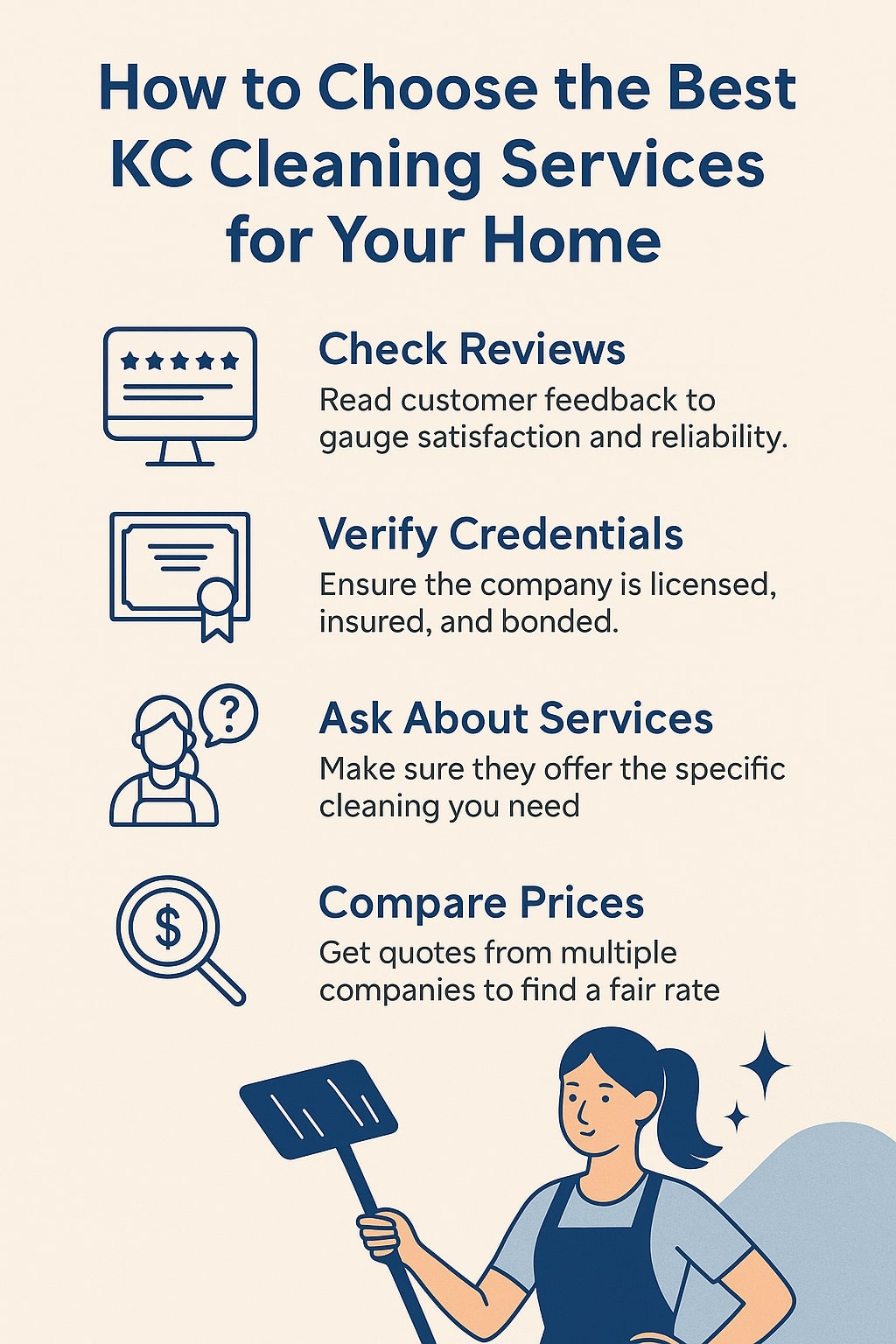 Infographic listing tips for choosing KC-cleaning-services: check reviews, verify credentials, ask about services, and compare prices. A person holds a cleaning tool at the bottom.