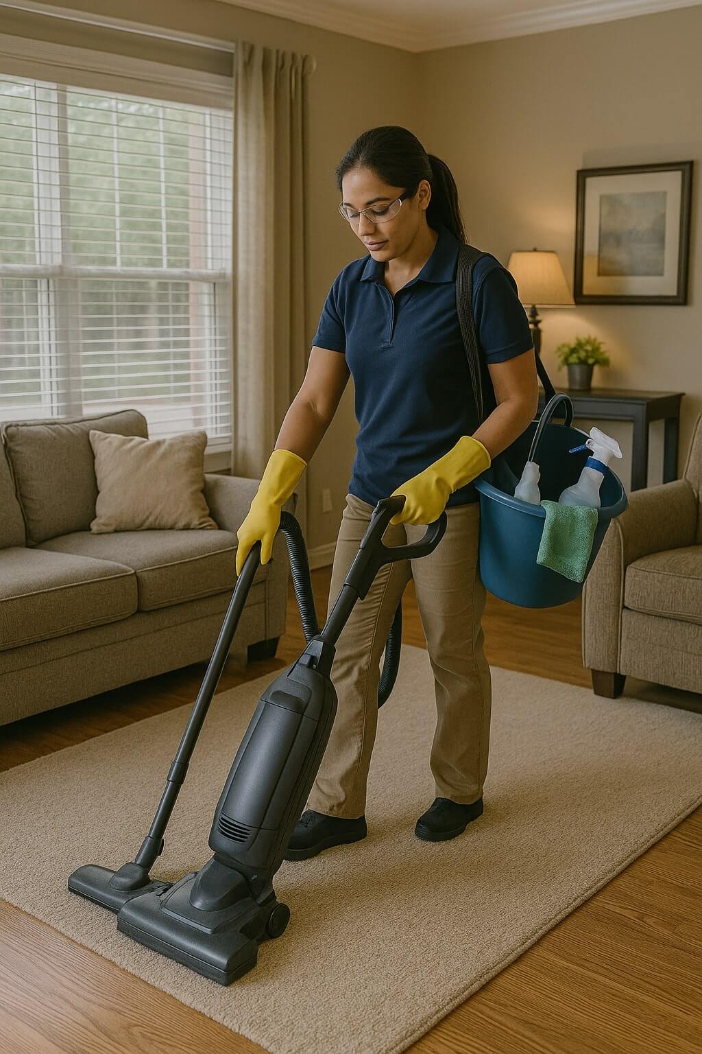 A woman wearing gloves and holding a vacuum cleaner, ready to tackle any mess—perfect for cleaning-services-kansas-city-ks.