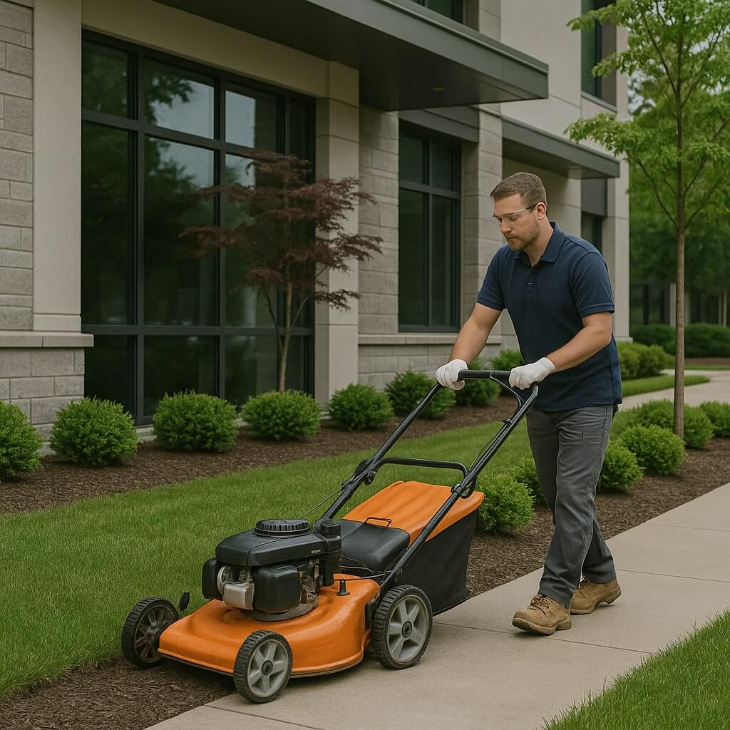 A man in gloves and work boots pushes an orange lawn mower on grass beside a sidewalk, providing commercial property maintenance in front of a modern building.