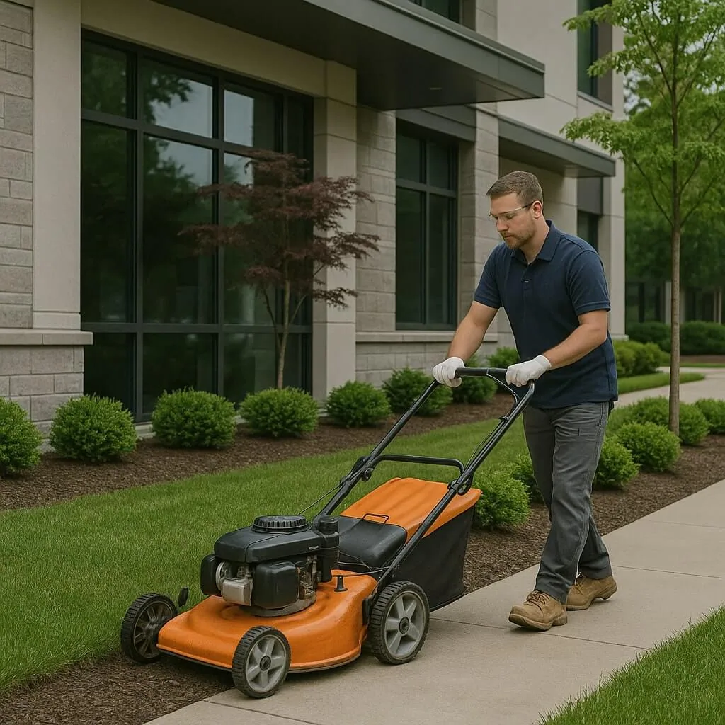 A man in gloves and work boots pushes an orange lawn mower on grass beside a sidewalk, providing commercial property maintenance in front of a modern building.