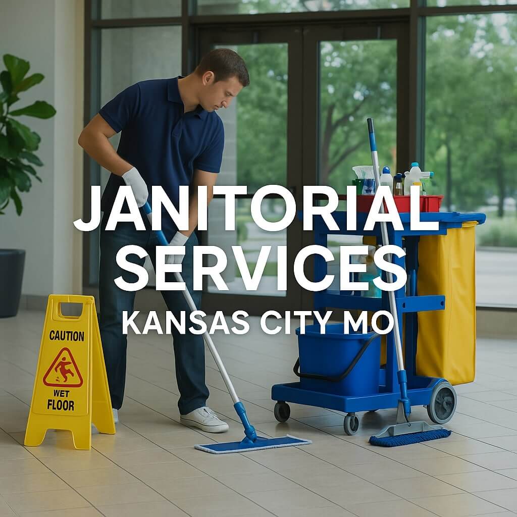 A janitor mops a tiled floor beside a caution wet floor sign and cleaning cart. Text reads "Janitorial Services Kansas City MO—your trusted choice for spotless spaces.