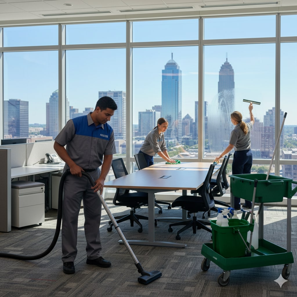 Three custodial workers provide commercial cleaning services in Kansas City, MO: one vacuums the carpet while two clean windows. Cleaning carts and office furniture are visible, with city buildings seen through large windows.