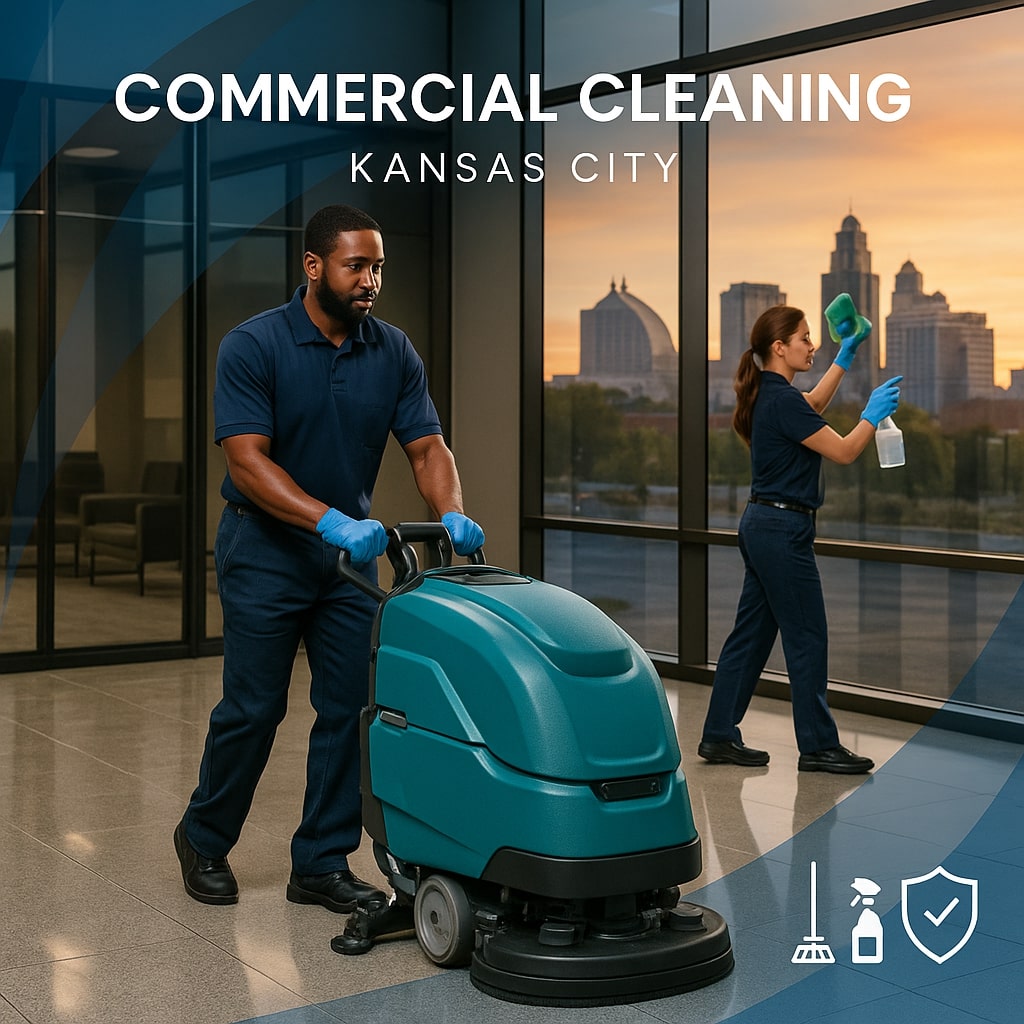 Two commercial cleaners in uniform clean office floors and windows with equipment; Kansas City skyline visible through large windows at sunset. Text: "Commercial cleaning services Kansas City.