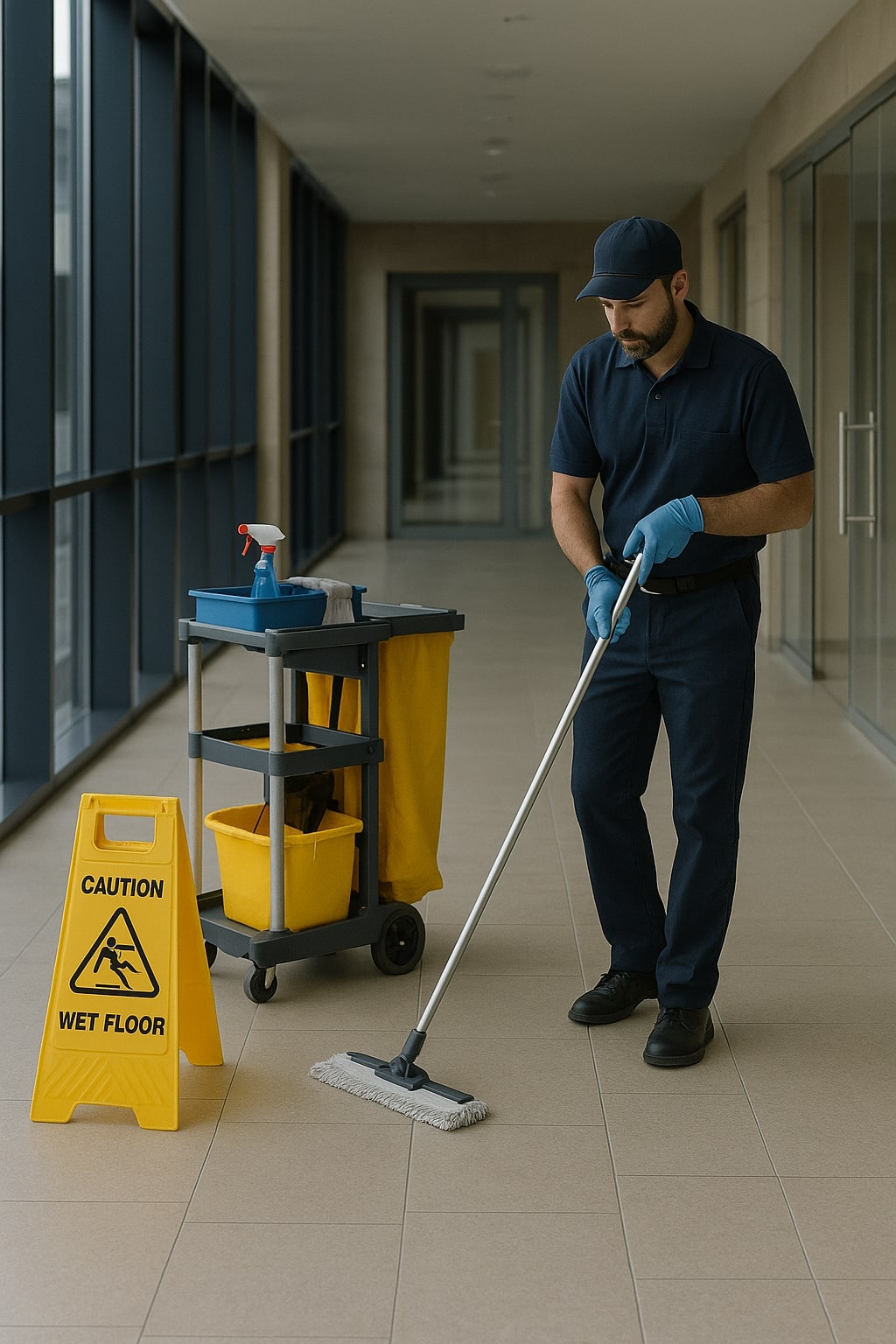A janitor from one of the top janitorial companies in Kansas City, wearing gloves, mops a hallway floor next to a cleaning cart and a "Caution Wet Floor" sign.