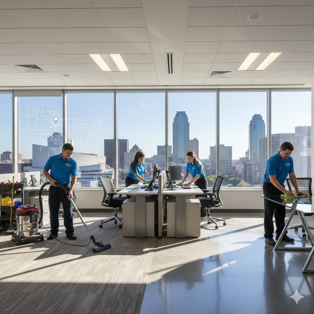 A team of four people in blue uniforms, from one of the top commercial cleaning companies Kansas City offers, clean a modern office with large windows overlooking a city skyline during daylight.