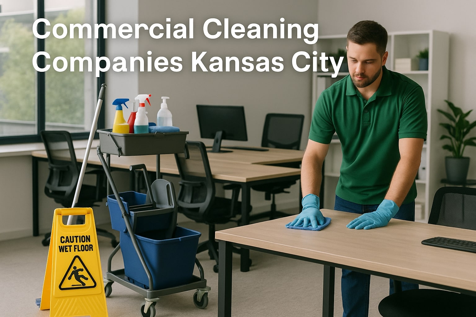 A man in a green shirt and blue gloves cleans an office desk with cleaning supplies and a wet floor sign nearby. Text reads: "Trust commercial cleaning companies Kansas City for spotless workspaces.