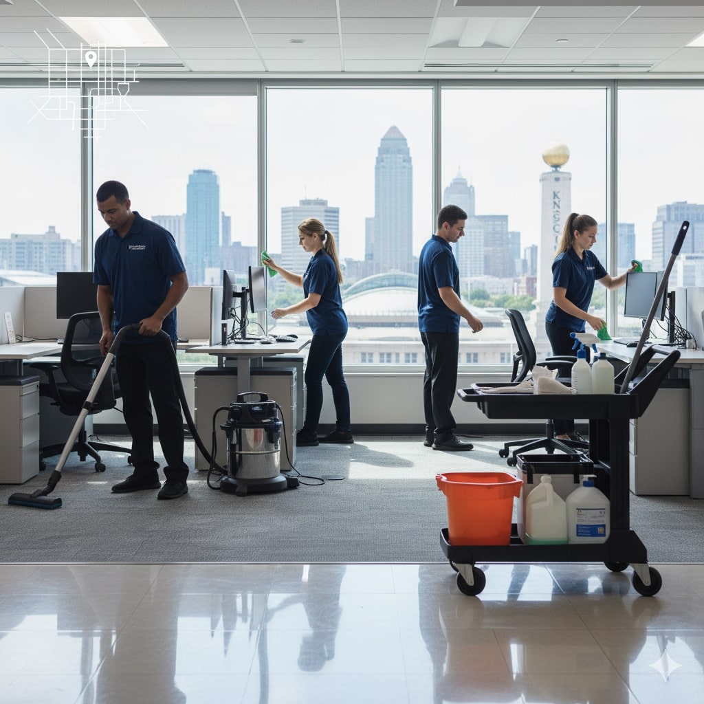 Four cleaners in uniforms from janitorial companies in Kansas City tidy an office with desk computers and large windows overlooking a city skyline. Cleaning supplies and equipment are visible in the foreground.