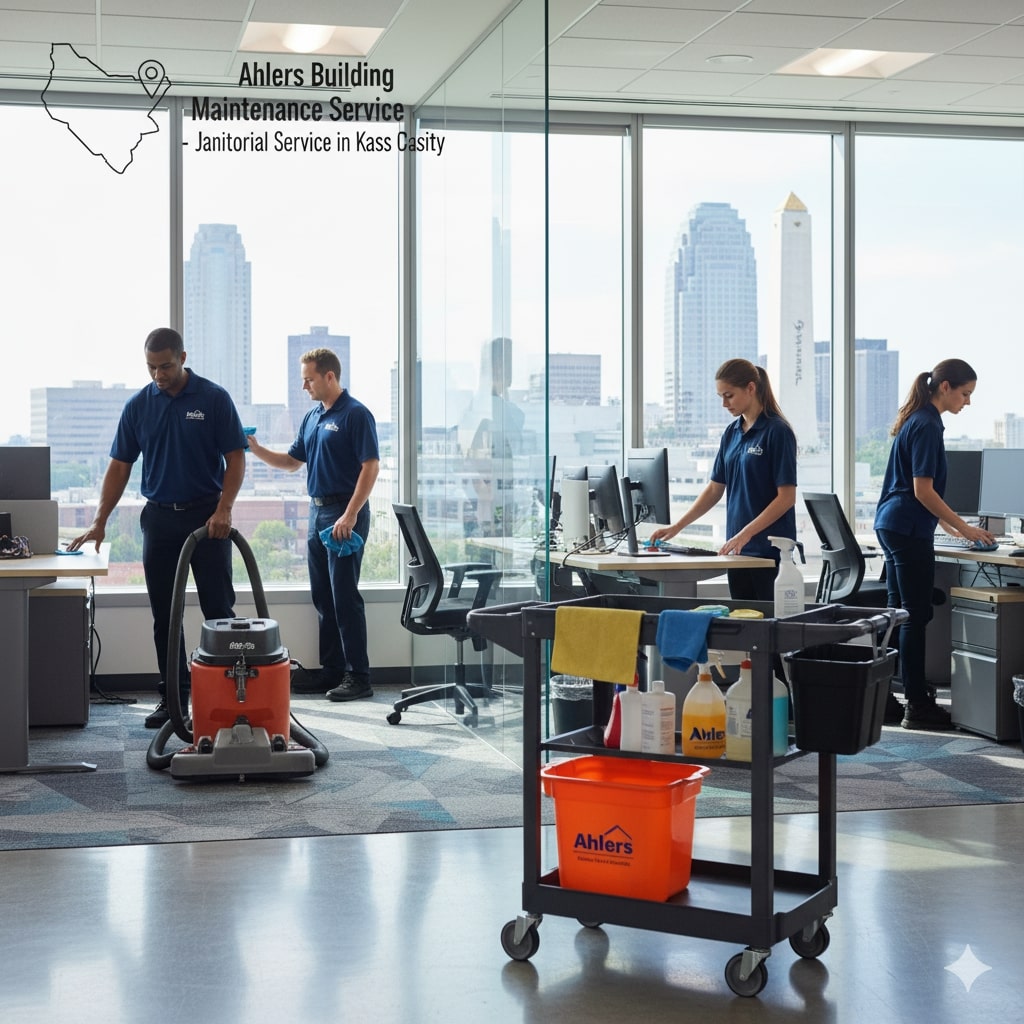 Janitorial staff clean an office space with city views, using equipment like a vacuum and a cleaning cart marked "Ahlers Building Maintenance Service," delivering trusted janitorial service in Kansas City.