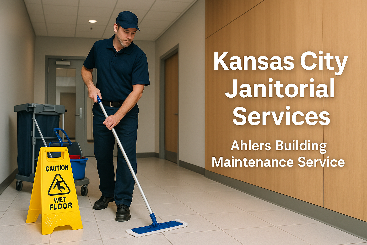 A janitor mops a hallway floor beside a "Caution Wet Floor" sign. Text on the image highlights Kansas City Janitorial Services by Ahlers Building Maintenance Service for spotless, professional cleaning.