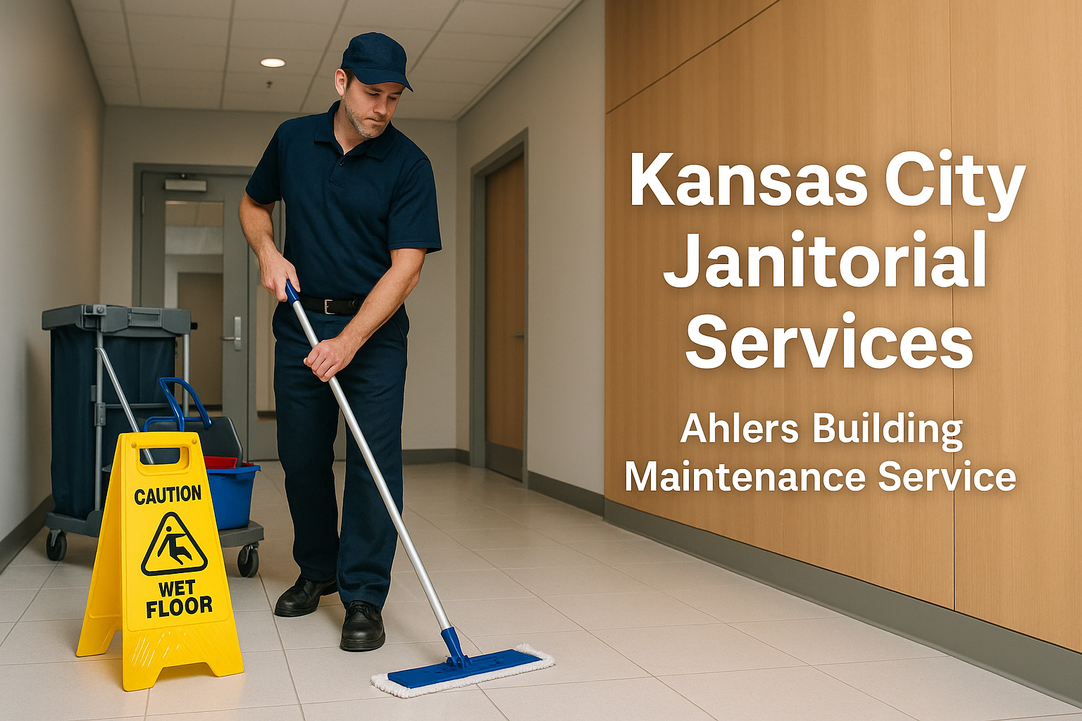 A janitor mops a hallway floor beside a "Caution Wet Floor" sign. Text on the image highlights Kansas City Janitorial Services by Ahlers Building Maintenance Service for spotless, professional cleaning.