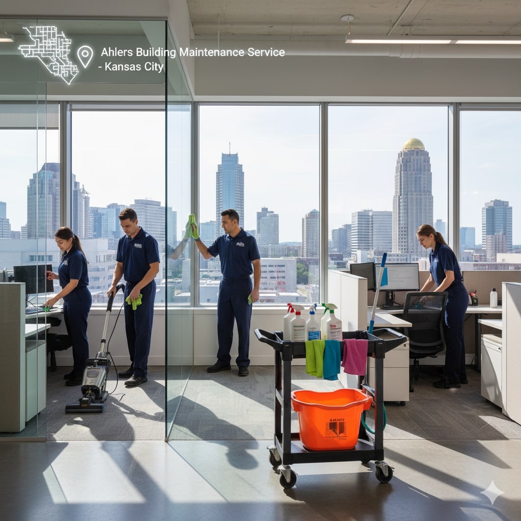 Four uniformed cleaners from Kansas City janitorial services tidy a modern office with large windows overlooking a city skyline; cleaning supplies and equipment are visible in the foreground.