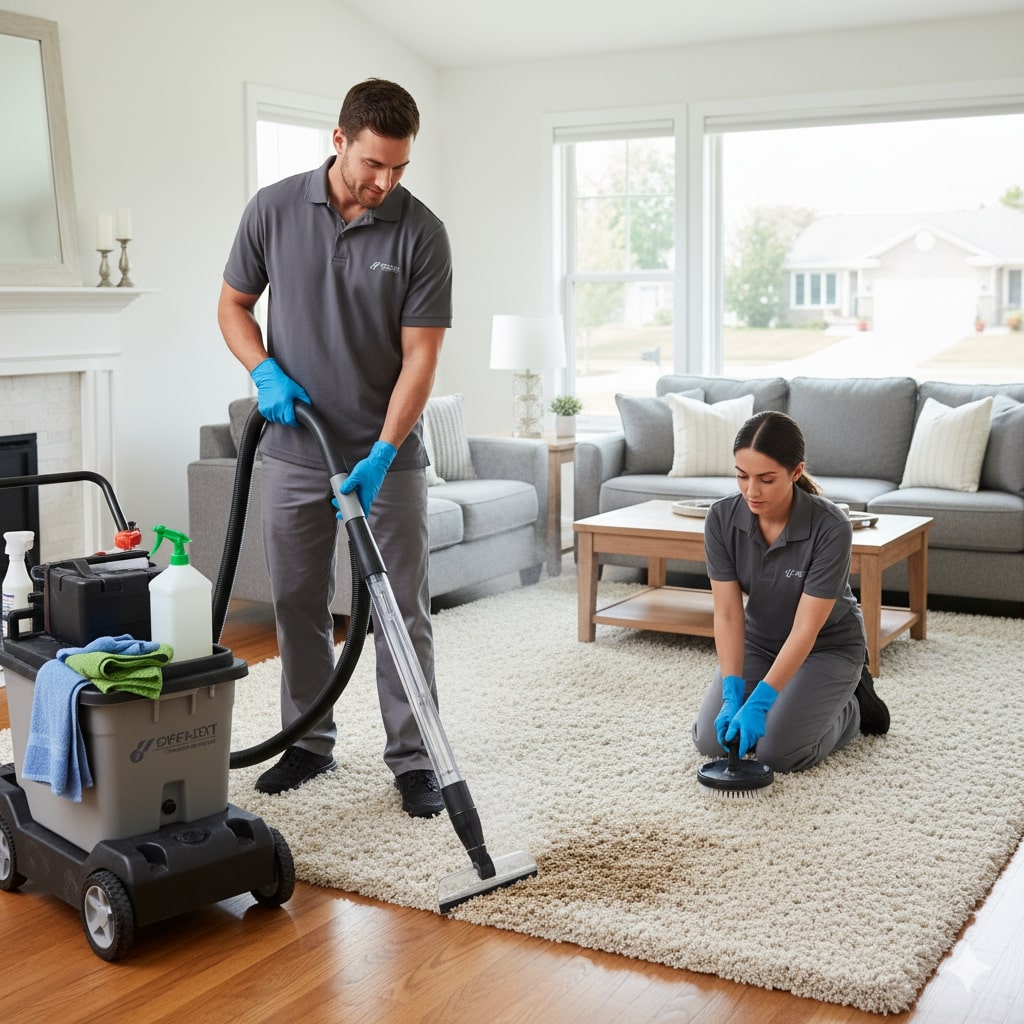 Two professional cleaners in uniforms provide the best carpet cleaning Lenexa KS has to offer; one vacuums while the other scrubs with a brush. Cleaning supplies are arranged on a nearby cart in the living room.