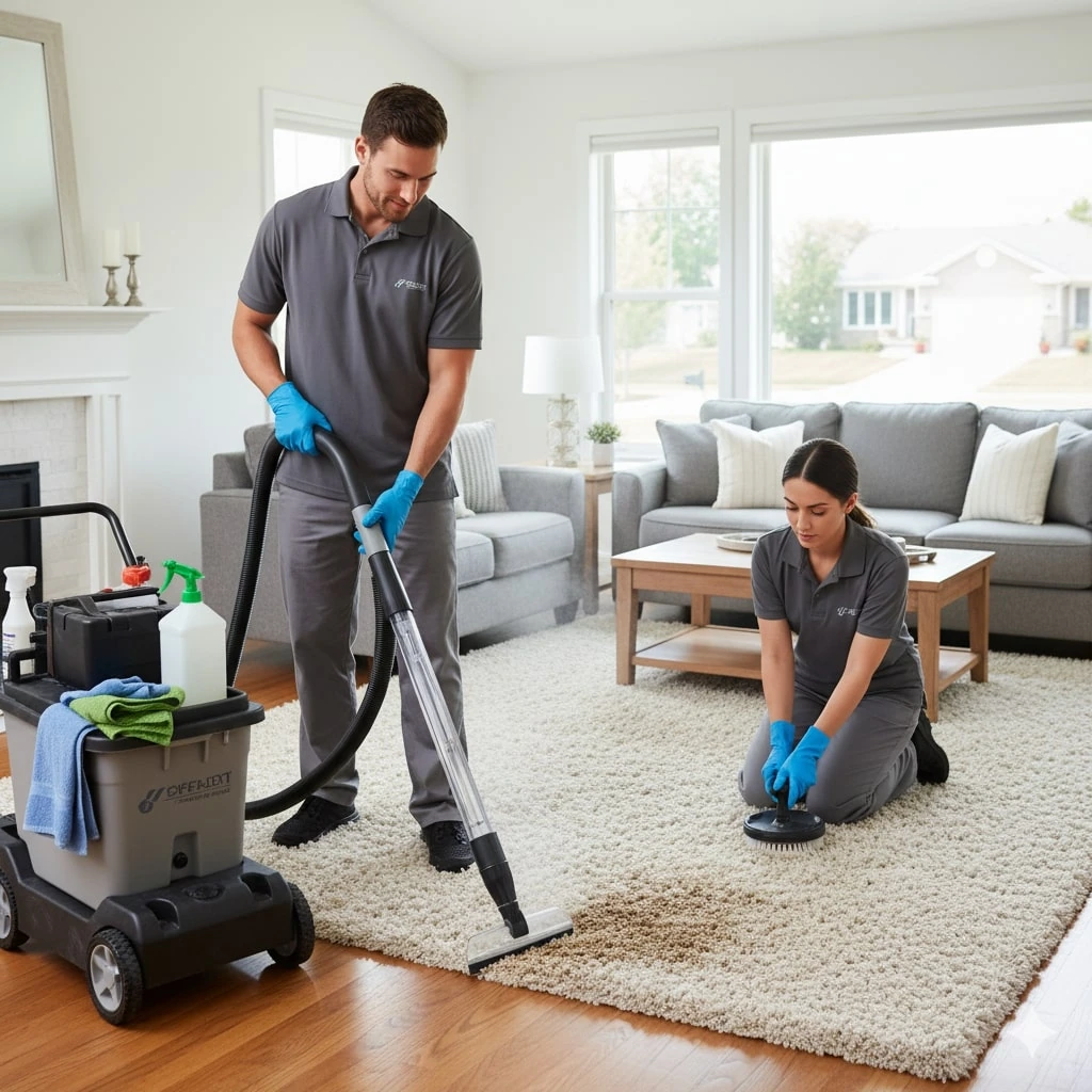 Two professional cleaners in uniforms provide the best carpet cleaning Lenexa KS has to offer; one vacuums while the other scrubs with a brush. Cleaning supplies are arranged on a nearby cart in the living room.