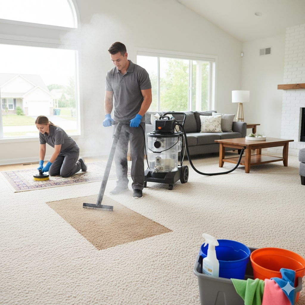 Two workers clean a living room; one uses a steam cleaner on the carpet while the other scrubs a rug. Cleaning supplies sit in the foreground, showcasing the best carpet cleaning near me Lenexa KS has to offer.