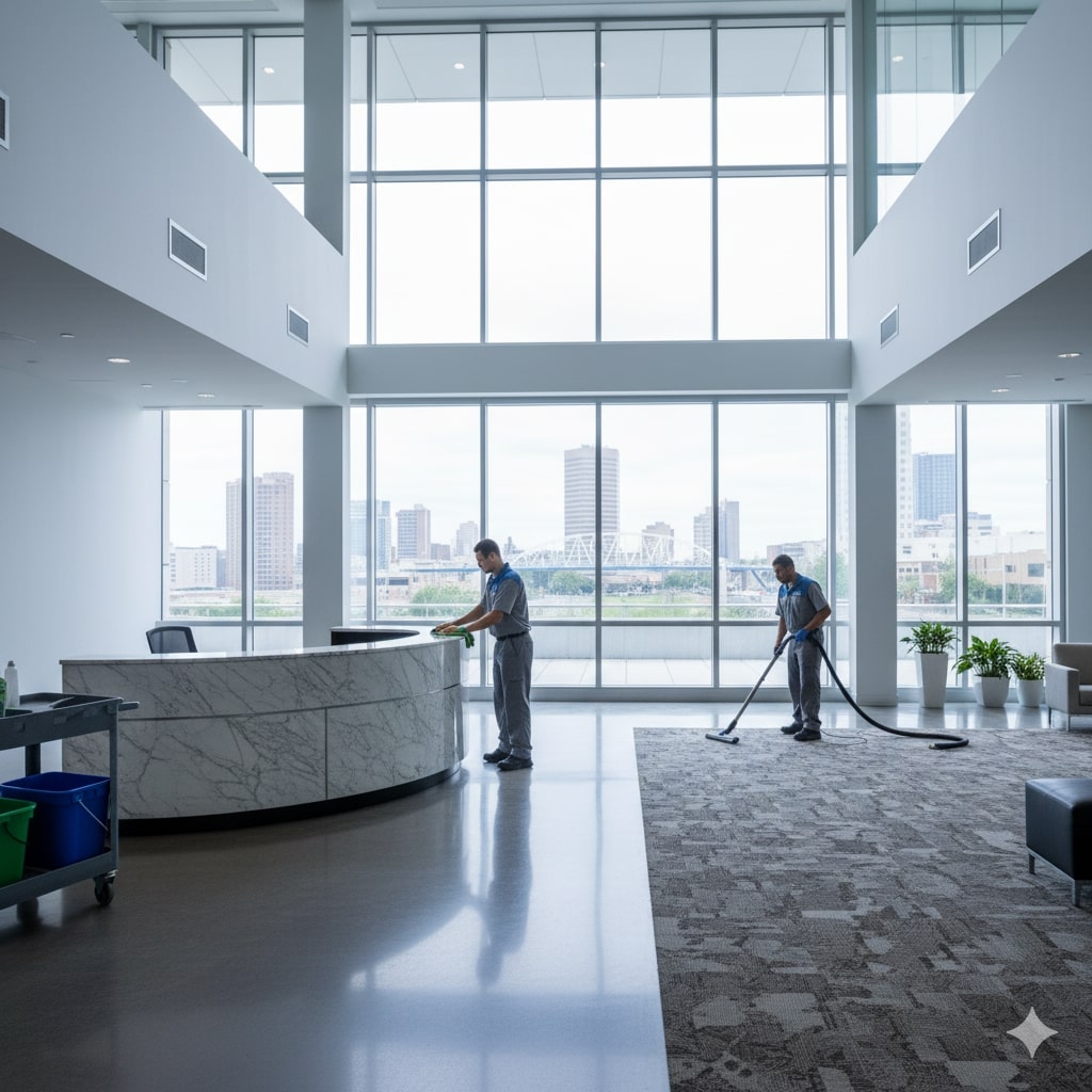 Two janitors from Commercial Cleaning Services clean a modern office lobby with large windows and a city skyline view; one vacuums the carpet while the other wipes the marble reception desk.