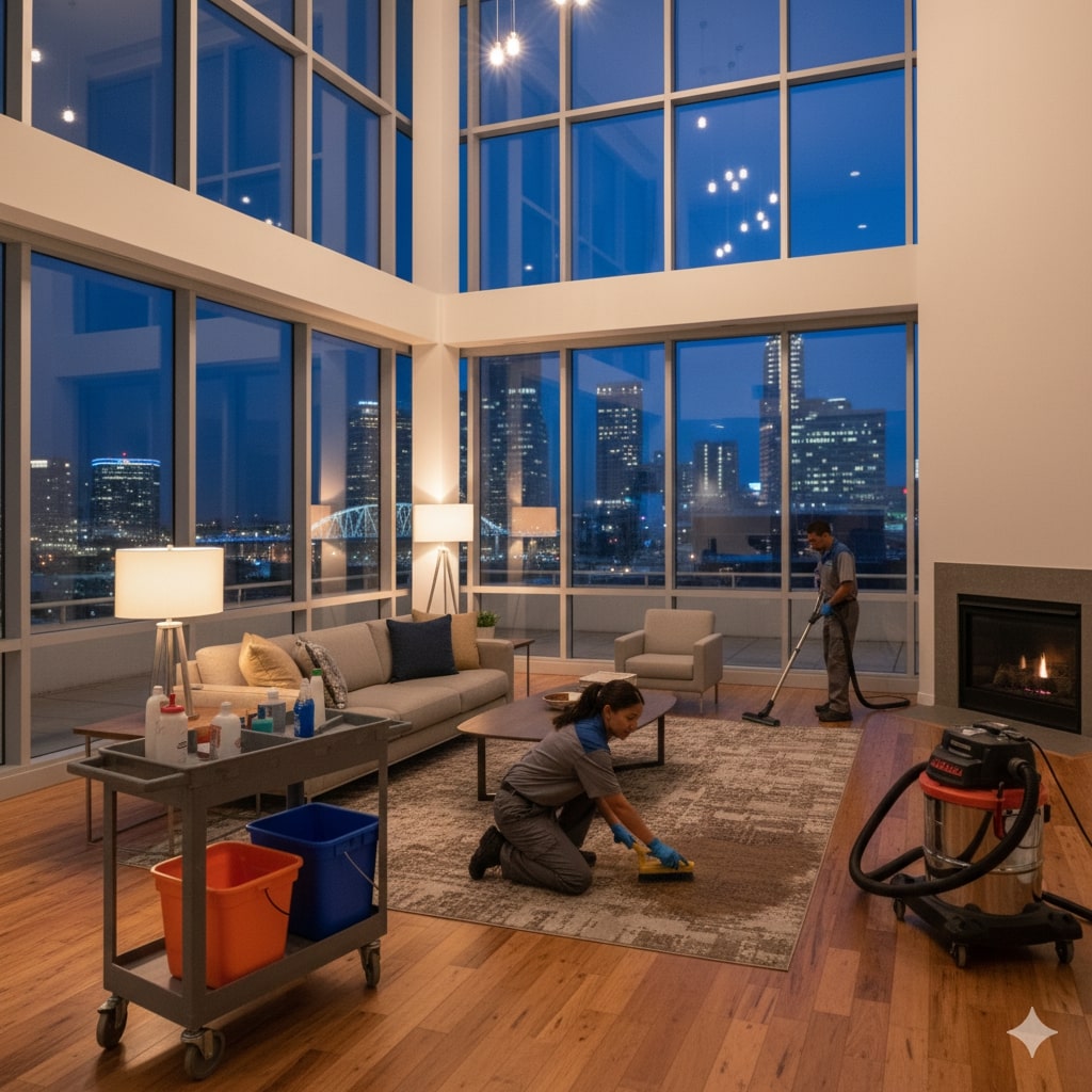 Two people from KC COMMERCIAL CLEANING SERVICES clean the floors of a modern, high-rise apartment living room at dusk, with cleaning supplies on a cart and city buildings visible through large windows.