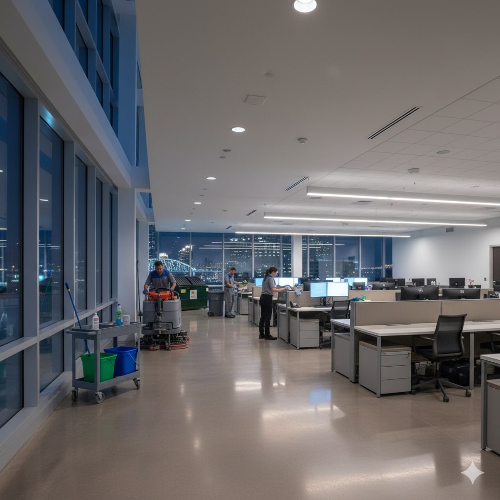 Janitorial staff from KC COMMERCIAL & RESIDENTIAL CLEANING cleans the floor of a modern, mostly empty office at night while a few employees work at their desks. Large windows reveal a city skyline outside.