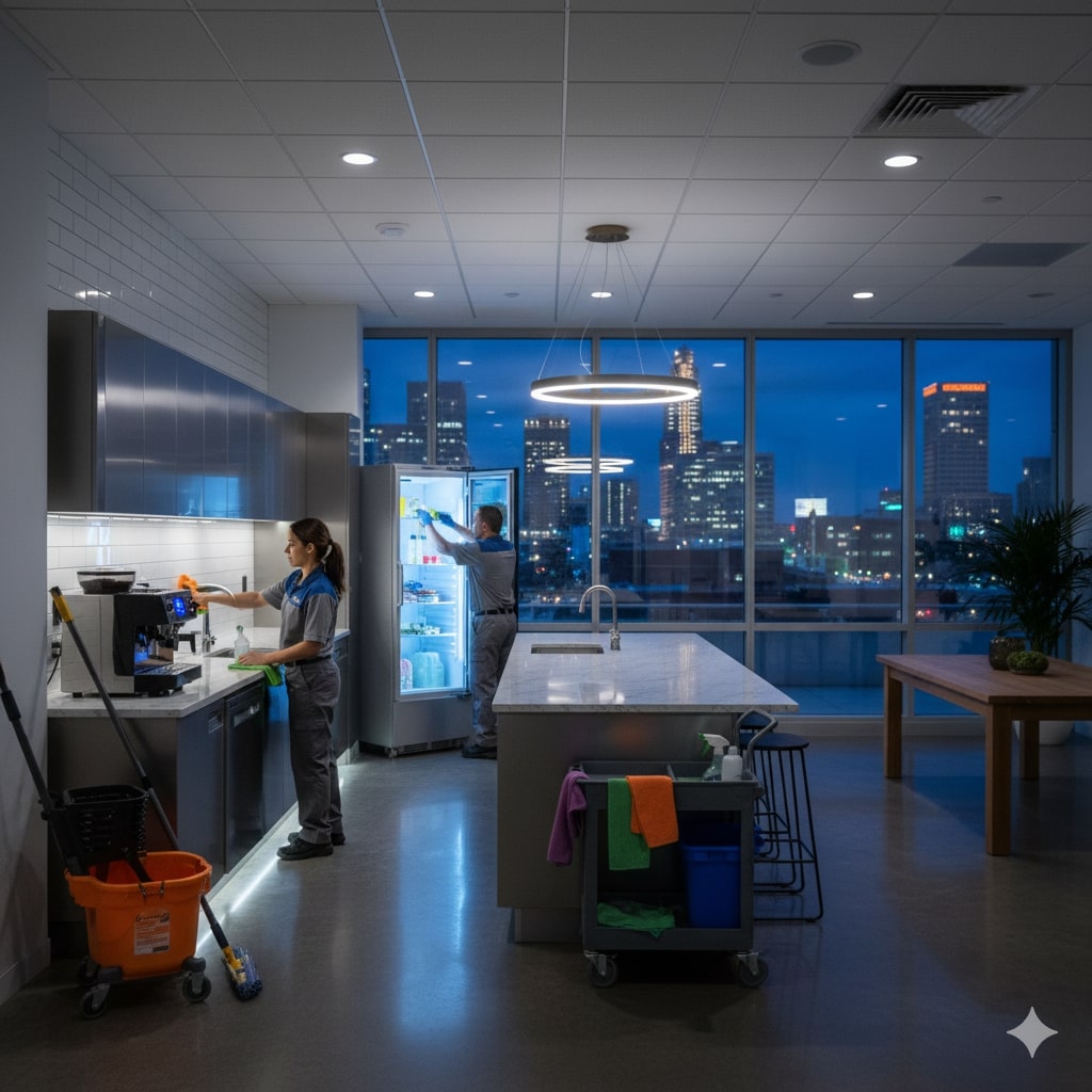 Two janitors clean a modern office kitchen at night, one wiping a counter, the other cleaning a refrigerator, with city buildings visible through large windows.
