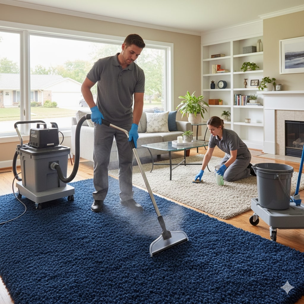 Two professional cleaners wearing gloves clean carpets in a tidy living room using steam cleaning and scrubbing equipment, showcasing expert professional carpet cleaning in Lenexa, KS.