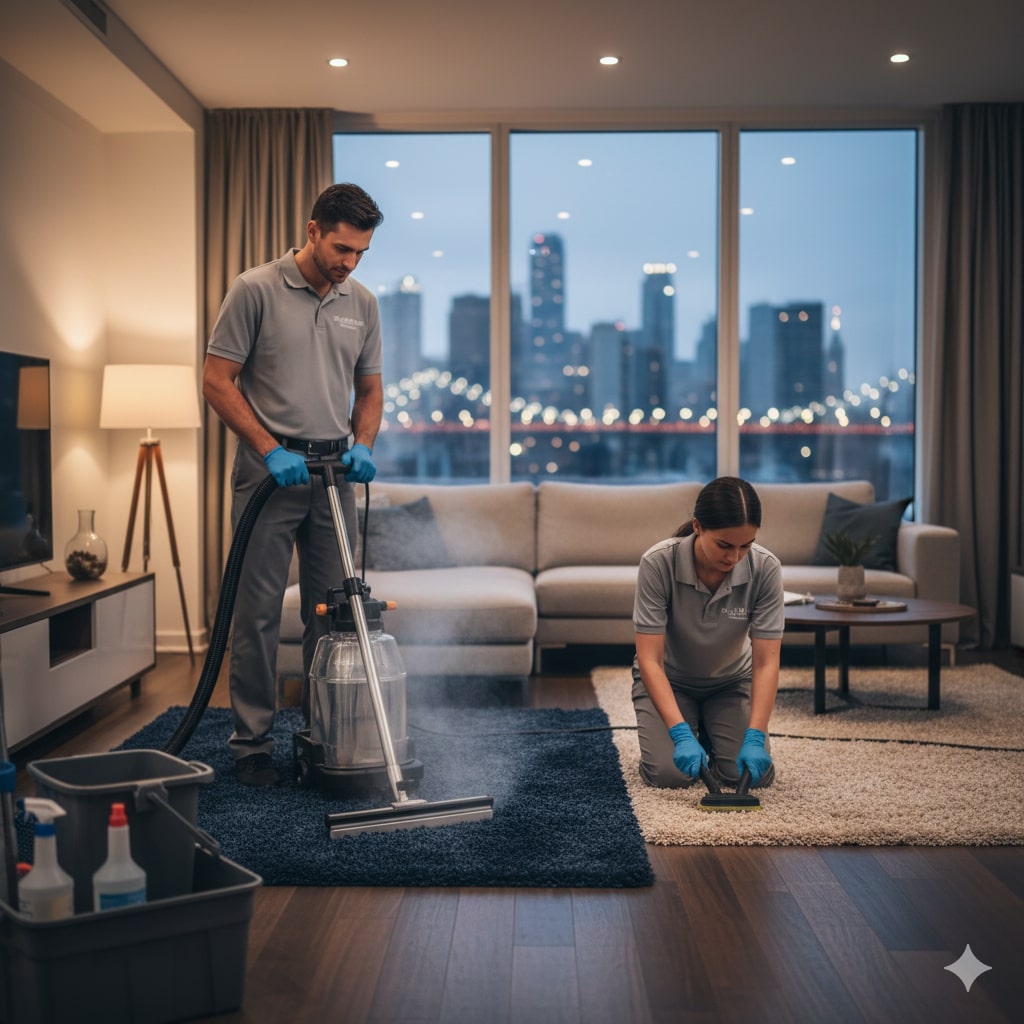 Two professional cleaners in uniforms refresh a modern living room with large windows and a city view; one uses a steam cleaner on the rug, perfect for those seeking professional carpet cleaning near me Lenexa KS.