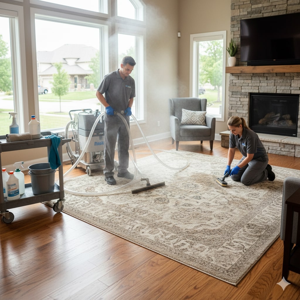 Two professional cleaners in uniform perform carpet cleaning in Lenexa, KS; one uses a steam cleaner on a large area rug while the other scrubs a spot by hand. Cleaning supplies are organized on a nearby cart.