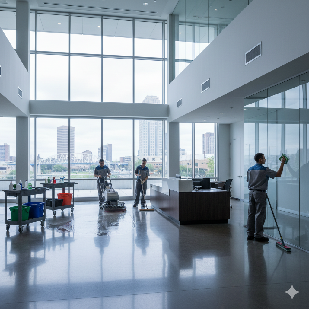 Three janitors from a Kansas City commercial cleaning crew tidy a modern office lobby with large windows; one mops, another cleans glass, and the third uses a floor cleaning machine. City buildings are visible outside.