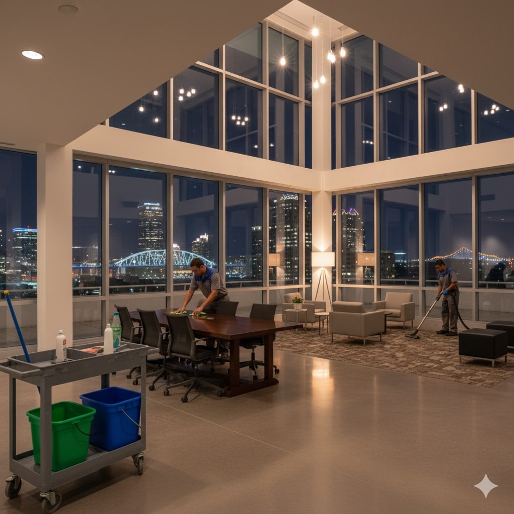 Two people from KC Commercial Cleaning tidy an office space with large windows overlooking the city at night; cleaning supplies and a cart are visible in the foreground.