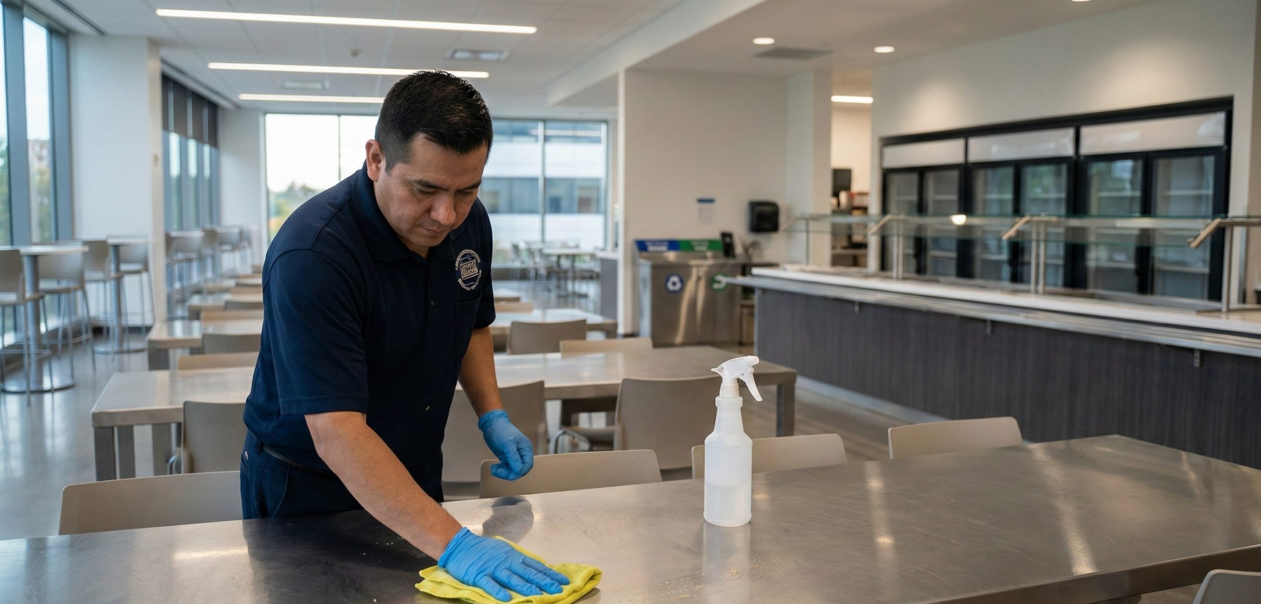 A person wearing gloves wipes down a table with a yellow cloth in a spotless, empty cafeteria, demonstrating thorough cafeteria cleaning. A spray bottle sits nearby on the table.